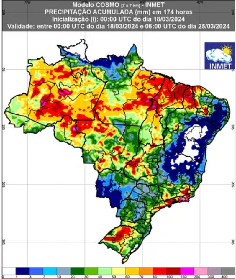 Previsão de chuva para a semana de 18 a 25/03/2024. Foto: INMET - Inmet