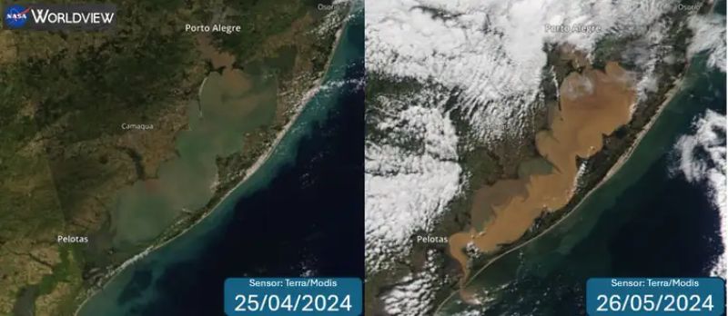 Imagem de satélite mostra mancha de sedimentos trazida para a Lagoa dos Patos após as enchentes dos afluentes, como o Lago Guaíba - Diuliana Leandro/UFPel/Adaptação Nasa Imagens